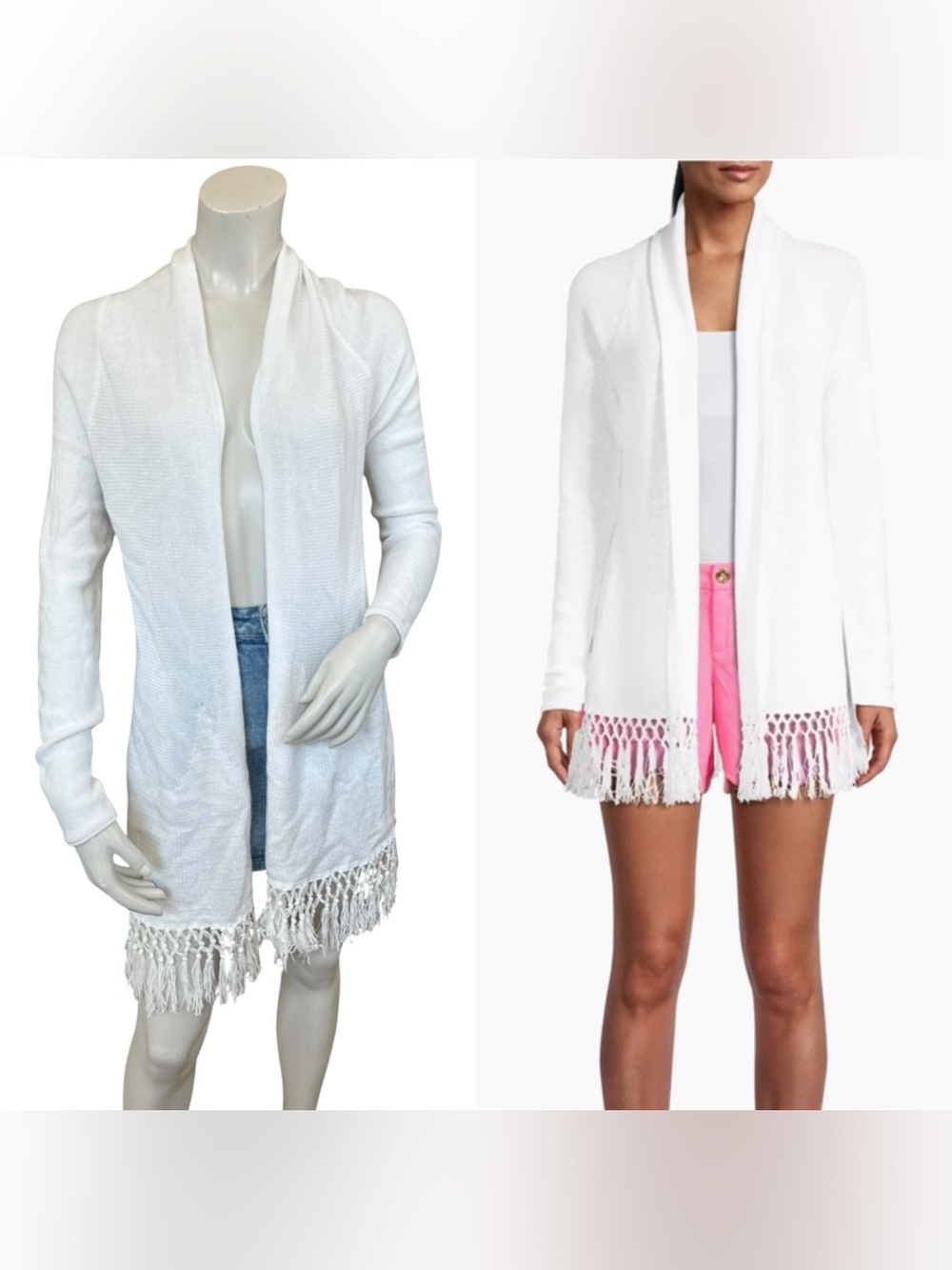 Lilly Pulitzer Tatum White Long Sleeve Fringe Trim Open Cardigan Sweater Small
